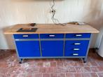 Werkbank met blauwe kast en lades, Doe-het-zelf en Verbouw, Werkbanken, Ophalen, Gebruikt, 170 cm of meer
