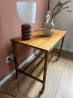 Vintage midcentury Teakhouten Tafeltje op Wieltjes, 45 tot 60 cm, Gebruikt, Rechthoekig, Hout