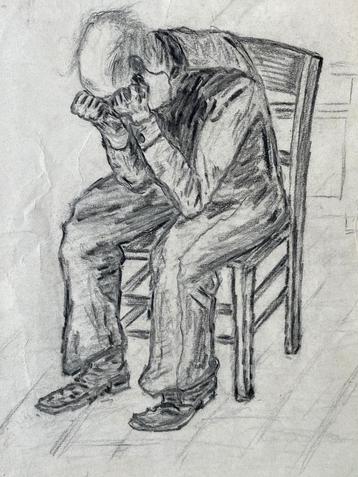 TEKENING - Naar Van Gogh - Treurende man op stoel - Super!! beschikbaar voor biedingen