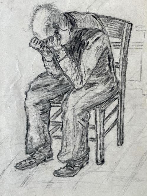 TEKENING - Naar Van Gogh - Treurende man op stoel - Super!!, Antiek en Kunst, Kunst | Tekeningen en Foto's, Ophalen of Verzenden