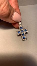 Witgouden Kruis + Ketting, Diamanten, Saffieren 18K sieraden, Sieraden, Tassen en Uiterlijk, Kettingen, Wit, Ophalen of Verzenden