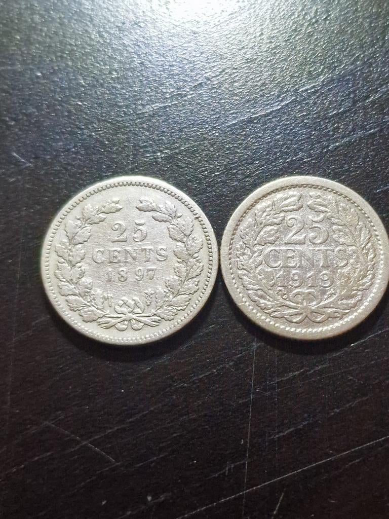 Zilveren 25 cent Wilhelmina 1897 en 1919, Zilver, 25 cent, Ophalen of Verzenden, Koningin Wilhelmina