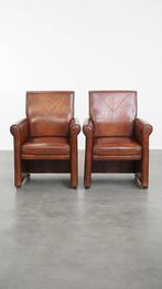 Karaktervolle vintage set van 2 schapenleren eetkamerstoelen, Huis en Inrichting, Stoelen, Ophalen, Gebruikt, Twee, Bruin