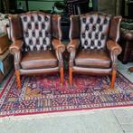 2 Chesterfield oor fauteuils bruin gevlamd leer + BEZORGING