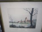 Kleurets/aquarel Landschapje langs een riviertje gesigneerd, Ophalen of Verzenden