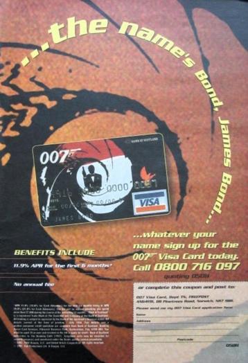 Vintage advertentie reclame James Bond Visa card 1998 beschikbaar voor biedingen