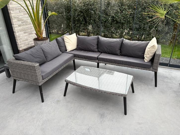 Tuinset hoekbank, Tuin en Terras, Tuinsets en Loungesets, Gebruikt, Loungeset, Wicker, 5 zitplaatsen, Bank, Bijzettafel, Ophalen