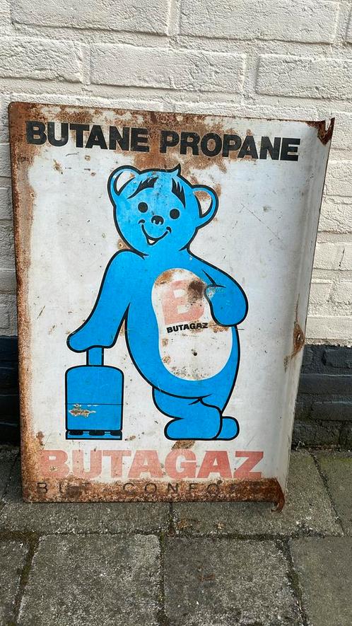 Antiek emaille bord Butagaz Butane Propane dubbelzijdig, Antiek en Kunst, Antiek | Emaille, Ophalen of Verzenden
