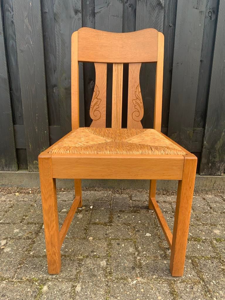 4 Eiken Stoelen met Biezen Zitting, Ophalen, Gebruikt, Bruin, Vier