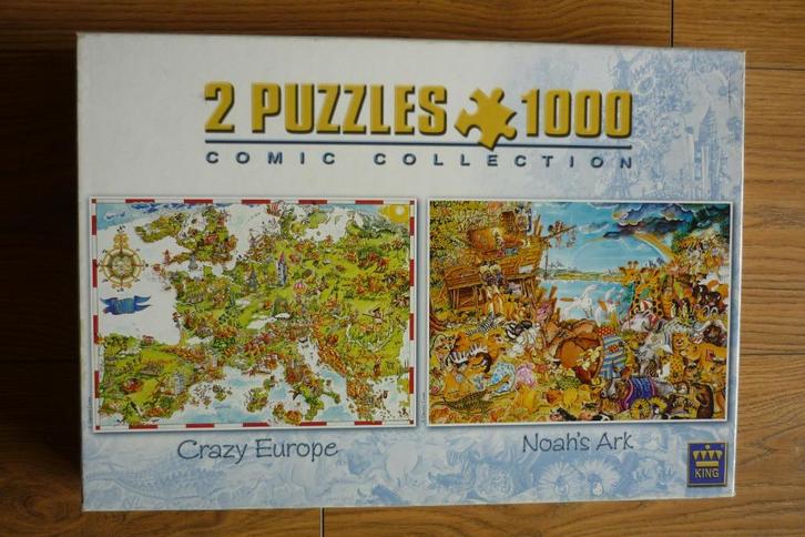 2 King puzzels '' CRAZY EUROPE / NOAH'S ARK '' 2x1000 st., Hobby en Vrije tijd, Denksport en Puzzels, Gebruikt, Legpuzzel, 500 t/m 1500 stukjes