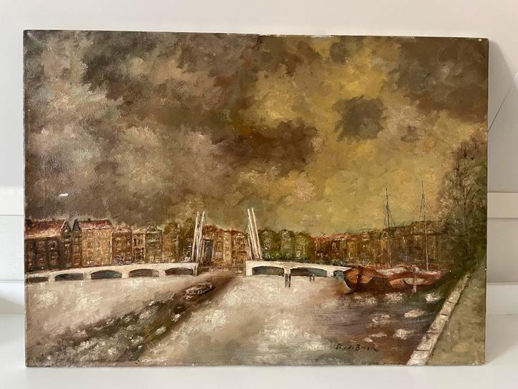 Magere brug Amsterdam | gesigneerd NL | 1950-1999, Antiek en Kunst, Kunst | Schilderijen | Klassiek, Ophalen