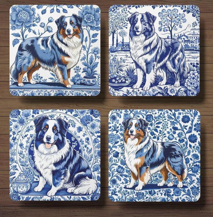 Australian Shepherd Delfts Blauw onderzetters met houder, Huis en Inrichting, Woonaccessoires | Onderzetters, Nieuw, Glas of Kopje