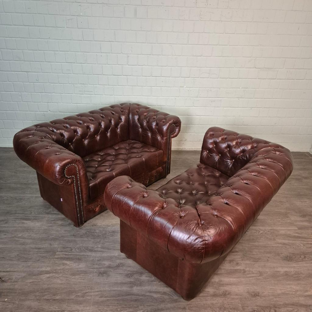 26267 Chesterfield Banken Leder Kastanje-bruin 1,65 m Set, Huis en Inrichting, Banken | Bankstellen, Gebruikt, 150 tot 200 cm