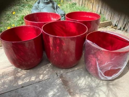 4 bloempotten + 1 gratis, Tuin en Terras, Bloempotten, Gebruikt, Aardewerk, Binnen, Minder dan 40 cm, 25 tot 40 cm, Rond, Ophalen