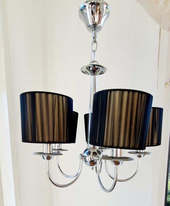 Kroonluchter 5-lichts 5 arms klassiek modern chroom Zwart, Huis en Inrichting, Lampen | Kroonluchters, Gebruikt, Metaal, Stof