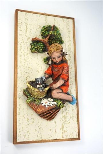 Vintage wanddeco 3D meisje + poezen beschikbaar voor biedingen