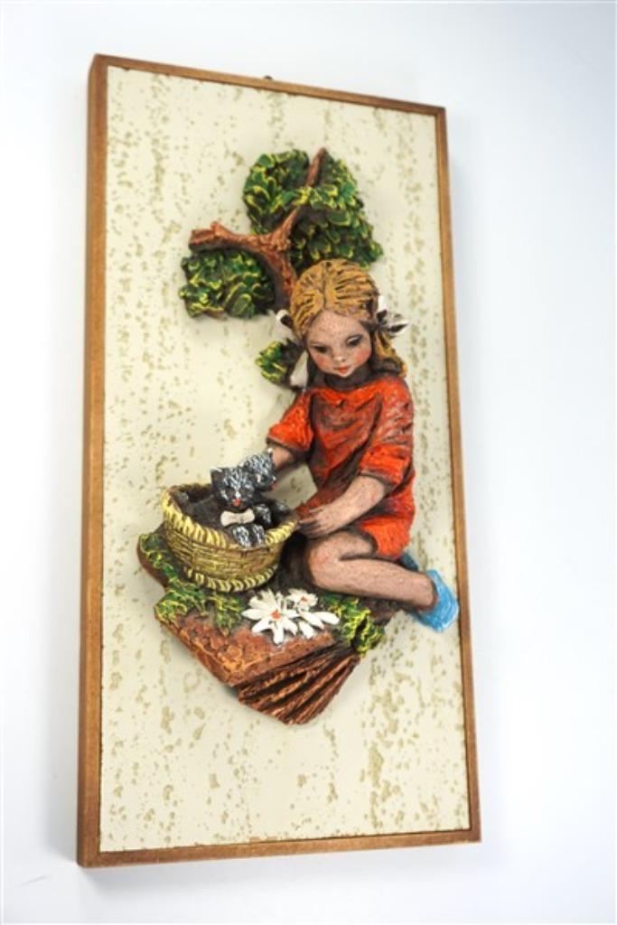 Vintage wanddeco 3D meisje + poezen, Huis en Inrichting, Woonaccessoires | Wanddecoraties, Zo goed als nieuw, Ophalen of Verzenden