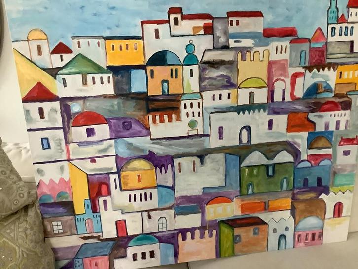 Marokko schikderij kleurrijke huisjes 110 x 120cm, Antiek en Kunst, Kunst | Schilderijen | Modern, Ophalen