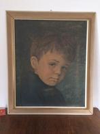 Groot klassiek betraand jongetje in lijst turquoise groen, Gebruikt, 50 tot 75 cm, Ophalen of Verzenden, Schilderij