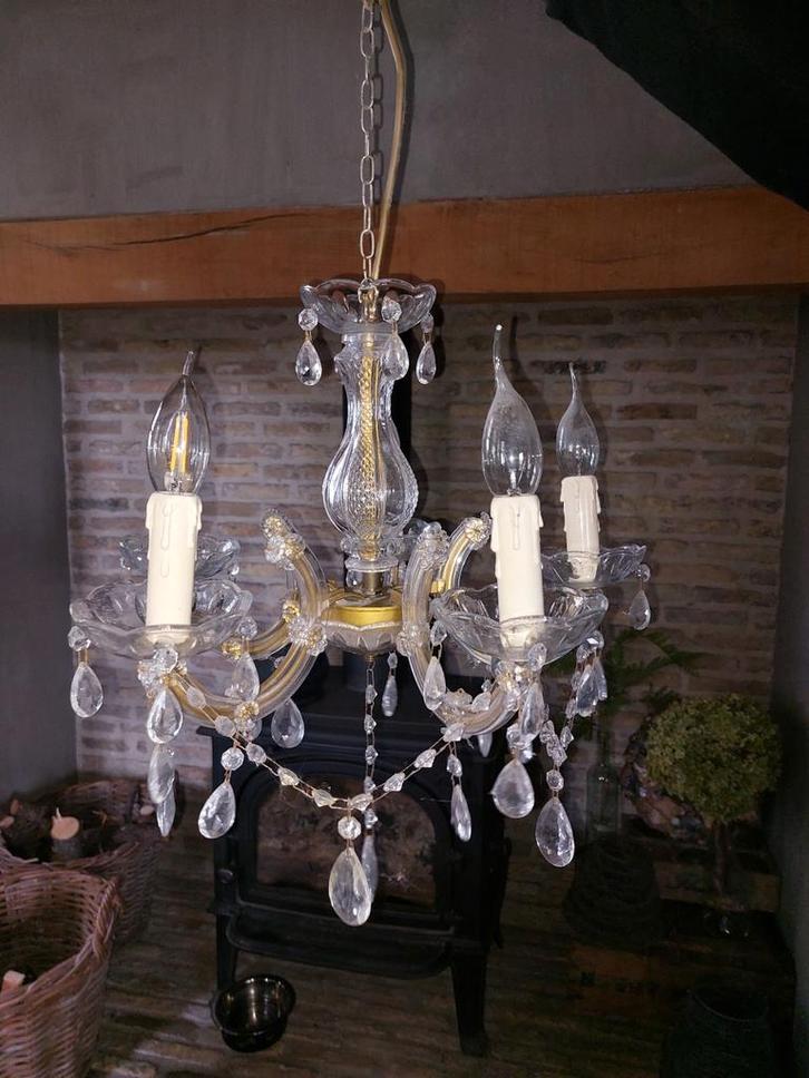 Maria Theresia Kroonluchter met glaspegels, Huis en Inrichting, Lampen | Kroonluchters, Gebruikt, Glas, Metaal, Ophalen of Verzenden