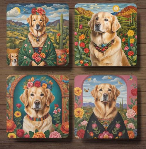 Golden Retriever Frida Kahlo onderzetters met houder, Huis en Inrichting, Woonaccessoires | Onderzetters, Nieuw, Glas of Kopje