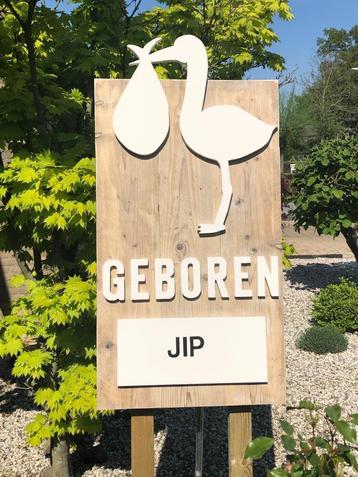 Steigerhout geboortebord, ooievaar UNIEK Udenhout/Dongen