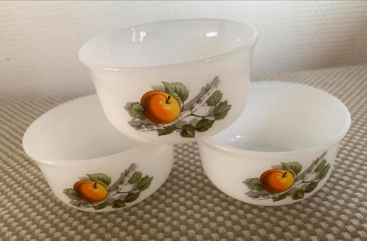 Arcopal kleine witte schaaltjes met fruitmotief melkglas, Huis en Inrichting, Keuken | Servies, Gebruikt, Kom(men), Overige stijlen