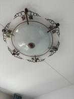 Grote Plafondlamp met glazen kap en sierlijk metaal, Ophalen, Gebruikt, Glas