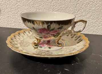 antiek schitterende kop en schotel parelmoer roze bloem beschikbaar voor biedingen