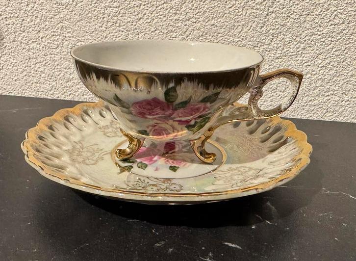 antiek schitterende kop en schotel parelmoer roze bloem, Antiek en Kunst, Antiek | Porselein, Ophalen of Verzenden