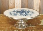 Oud brocante taartplateau - taartenstandaard blauw-wit, Ophalen of Verzenden