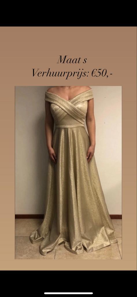 Gouden off shoulder gala jurk maat S/M, Kleding | Dames, Jurken, Zo goed als nieuw, Maat 36 (S), Overige kleuren, Onder de knie
