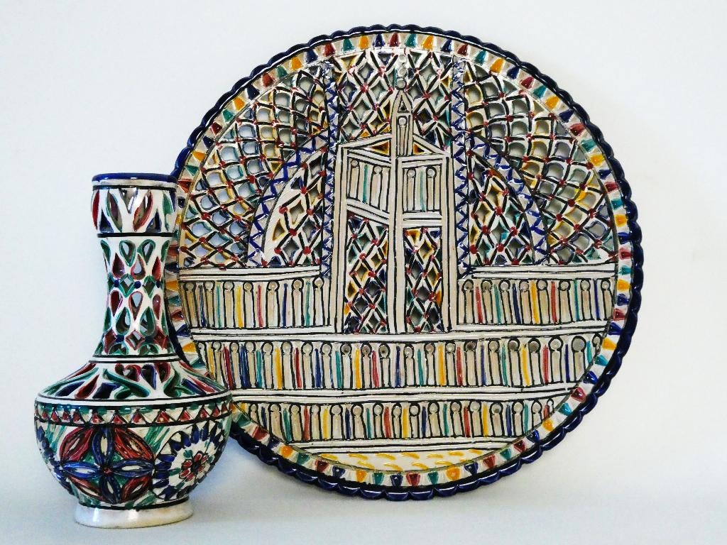 Kerfsnede vaas met wandbord floraal keramiek, Ophalen of Verzenden