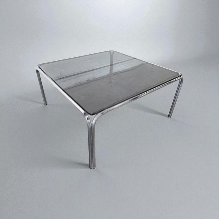 vintage vierkante salontafel / coffee table met fumé glas, Huis en Inrichting, Tafels | Salontafels, Gebruikt, Minder dan 50 cm