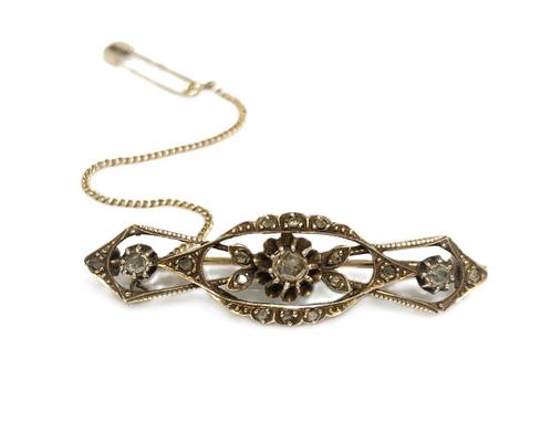 Antiek Gouden Broche Roos Geslepen Diamanten - ca 1900, Sieraden, Tassen en Uiterlijk, Broches, Gebruikt, Goud, Goud, 4 tot 7 cm