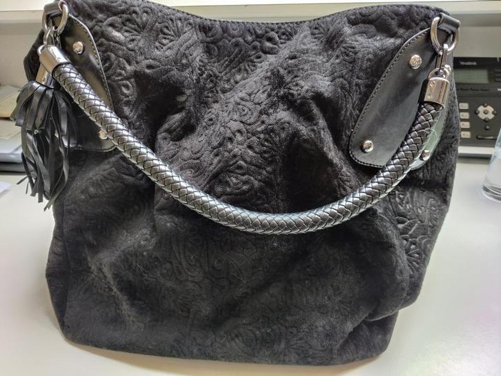 Grote handtas, zwart opgeruwd leer, Silvo Tossi, Sieraden, Tassen en Uiterlijk, Tassen | Damestassen, Zo goed als nieuw, Handtas