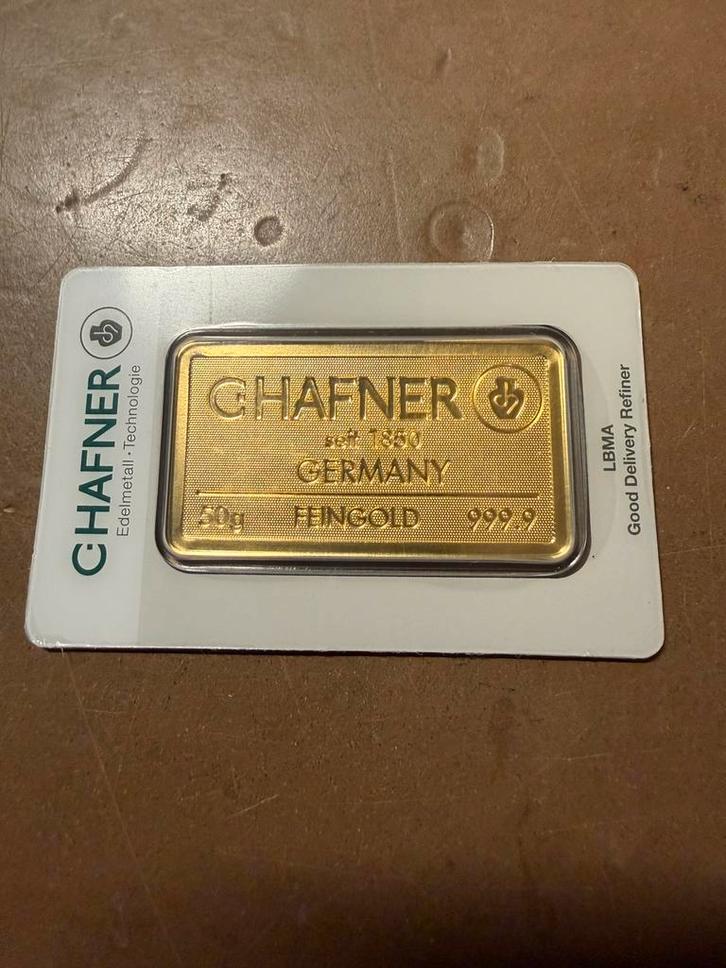 50 gram goudbaar Chafner, Postzegels en Munten, Edelmetalen en Baren, Goud, Ophalen of Verzenden