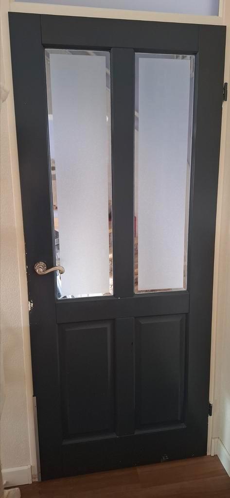 Binnendeur opdekdeur 83x201,5 hout met facet mat glas, Doe-het-zelf en Verbouw, Deuren en Horren, Gebruikt, Binnendeur, 200 tot 215 cm
