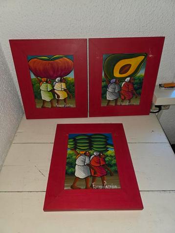 Set van 3 vintage  Haïtiaanse schilderijen gemerkt  beschikbaar voor biedingen