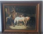 Schilderij paarden hond in stal van Eygen prachtige lijst., Antiek en Kunst, Ophalen