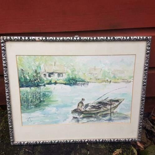 Aquarel vissen bij Marken Binnen gesigneerd NHM, Ophalen
