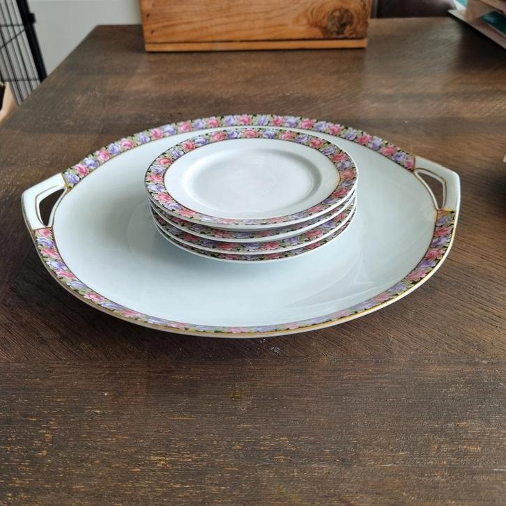 Asta gebaksschaal met vier gebaks bordjes, Antiek en Kunst, Antiek | Servies los, Ophalen of Verzenden