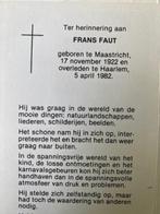 Faut 1922 Maastricht 1982 Haarlem, Verzamelen, Bidprentjes en Rouwkaarten, Ophalen of Verzenden, Bidprentje
