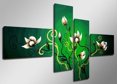 Nieuw * 4 Luik van Canvas * Groen met Bloemen 70x160cm, Antiek en Kunst, Kunst | Schilderijen | Modern, Ophalen of Verzenden