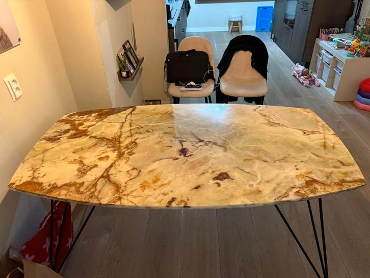 Unieke Onyx Tafel met Hairpin Poten - 1.54m, Huis en Inrichting, Tafels | Eettafels, Ophalen