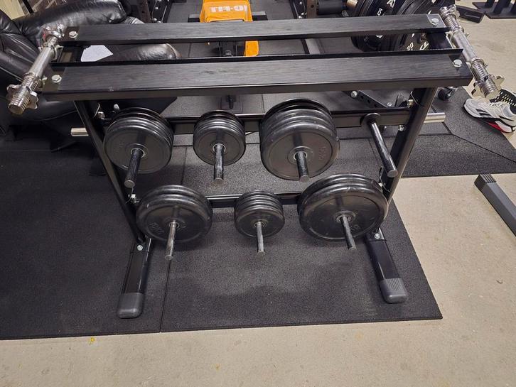 Home gym halterschijven + rek + bankje, Sport en Fitness, Fitnessmaterialen, Gebruikt, Overige typen, Ophalen