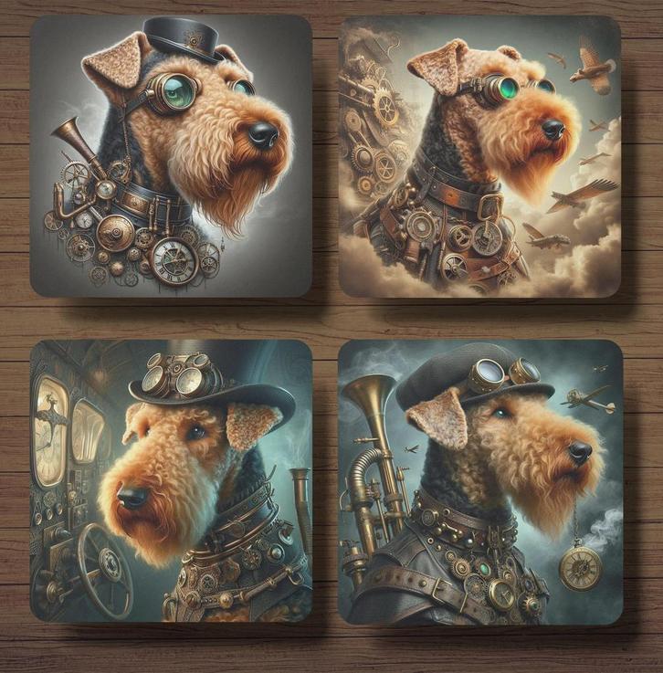 Airedale Terrier Steampunk onderzetters met houder, Huis en Inrichting, Woonaccessoires | Onderzetters, Nieuw, Glas of Kopje, Ophalen of Verzenden