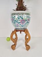 Vintage Chinese porselein bloempot & standaard & kunstplant, 25 tot 40 cm, Binnen, Rond, Gebruikt