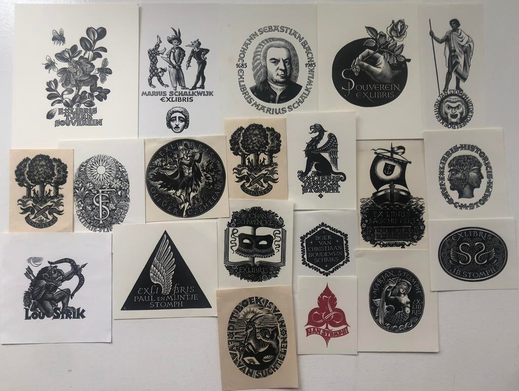 Exlibris Pam Rueter - 19x + 1 Nico Bulder=20x, Dagelijks leven, Houtsnede, Blanco verso, 1950 - 1999