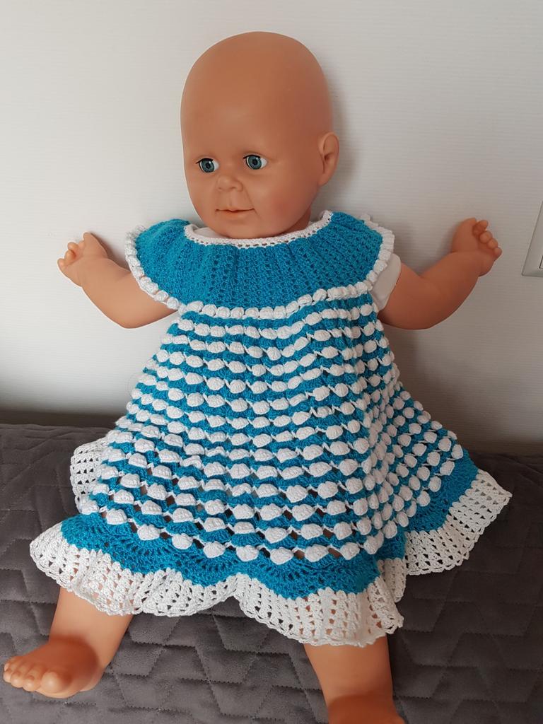 Blauw wit jurk maat 98, Kinderen en Baby's, Kinderkleding | Maat 98, Meisje, Zelfgehaakt, Nieuw, Ophalen of Verzenden